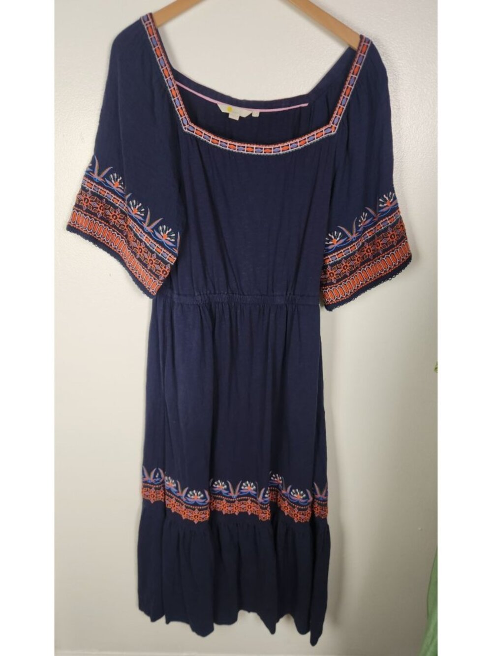 Boden Women's Sz. 10 R Blue Embroidered Short Sleeve Tiered Midi Dress